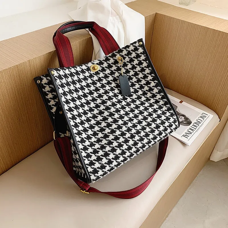 էѧӧܧ Designer PU Leather Shoulder Bags 2020 Simple Open Handbags Winter Branded Women's Trending Houndstooth Hand Bag