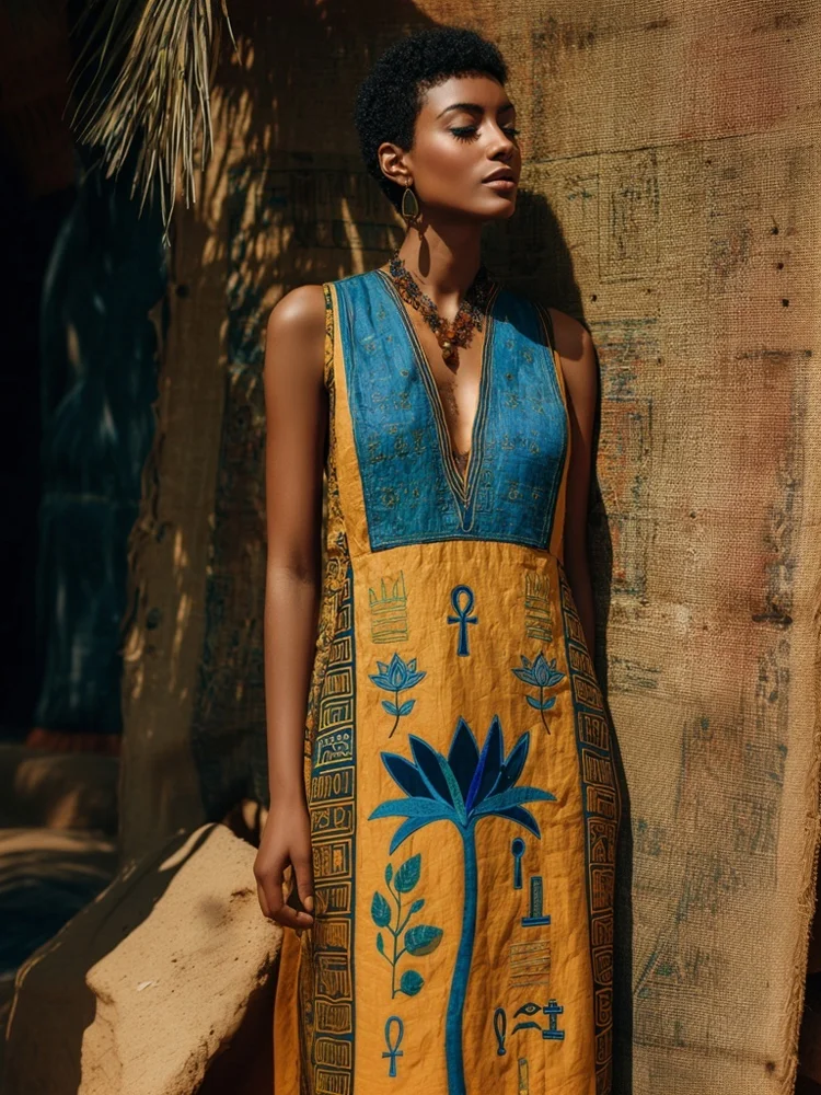 Lotus & Ankh Embroidered Ancient Egyptian Linen Maxi Dress