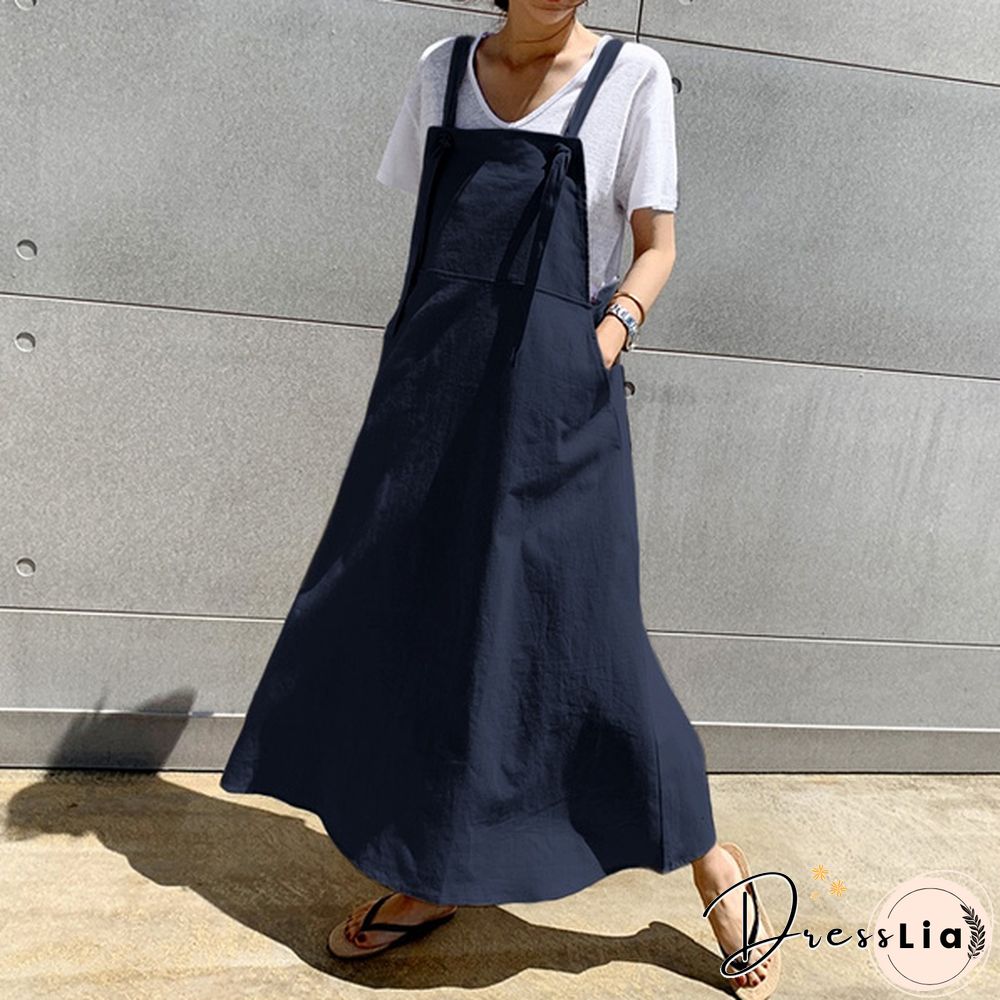 Women Summer Plus Size Strappy Maxi Sundress Loose Solid Pinafore Overalls Holiday Dress Oversized