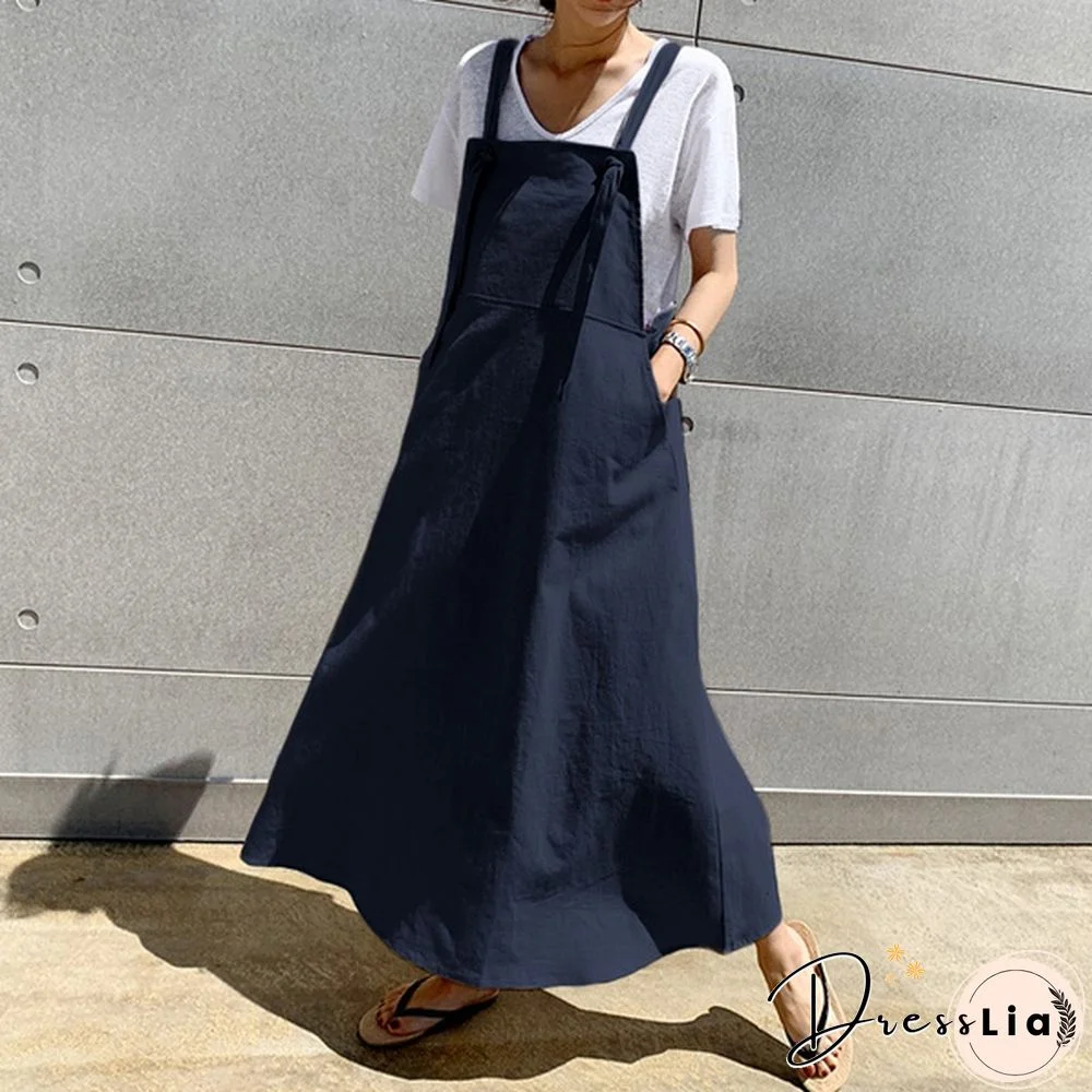 Women Summer Plus Size Strappy Maxi Sundress Loose Solid Pinafore Overalls Holiday Dress Oversized
