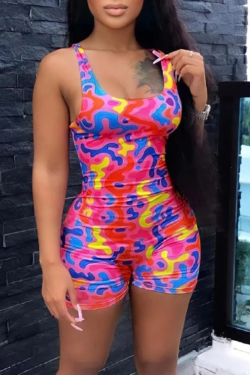 Sexy Print Split Joint U Neck Regular Jumpsuits