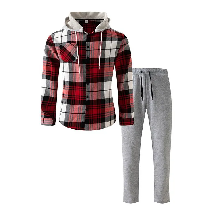 Men's Sports Hooded Long-sleeved Trousers Plaid Shirt Two-piece Set 