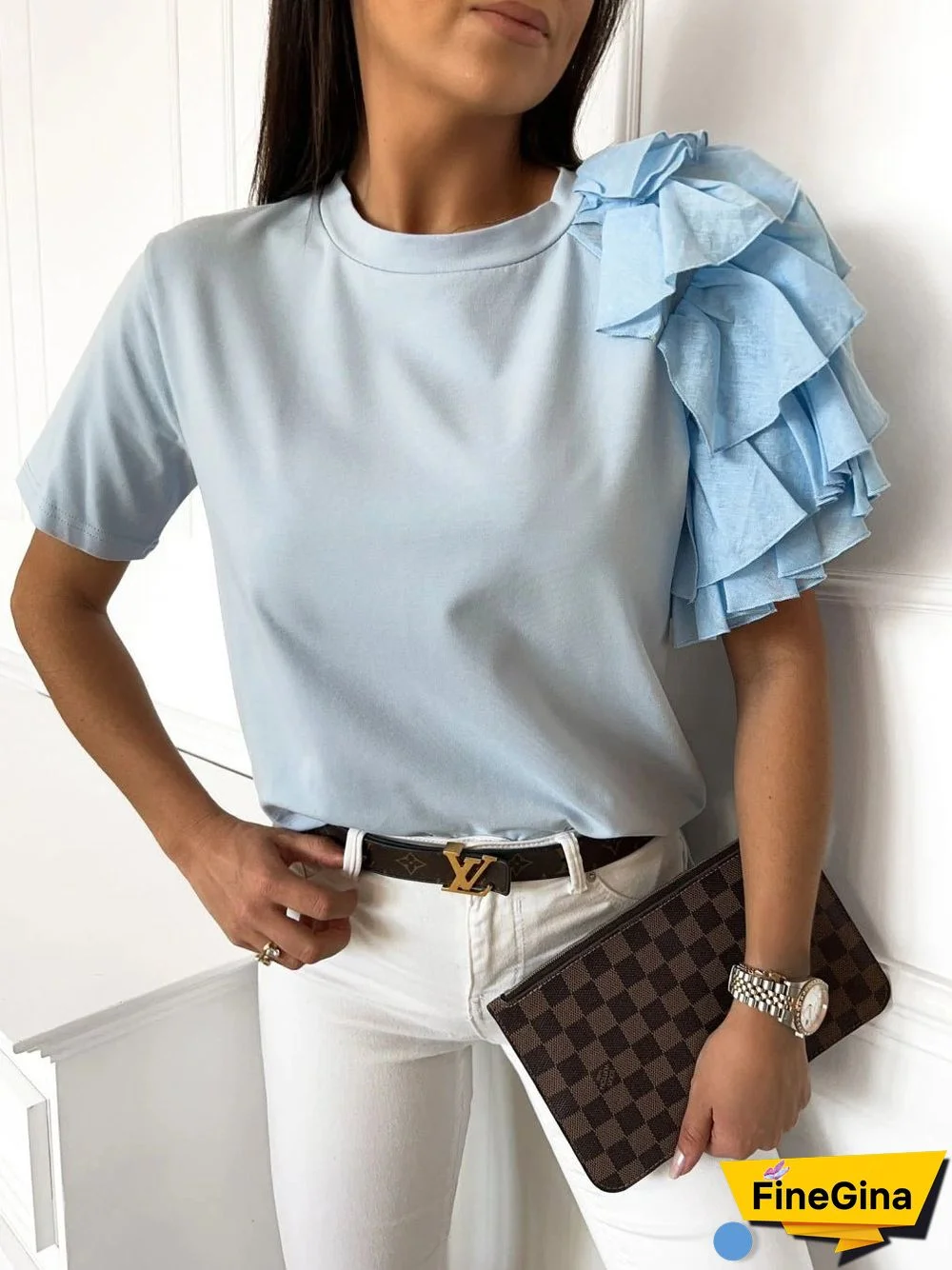 Women'S T-Shirts Solid Simple Ruffle Short Sleeve T-Shirt