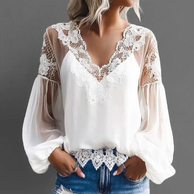 Ursime Hollow Lace V Neck Lantern Sleeve Blouse