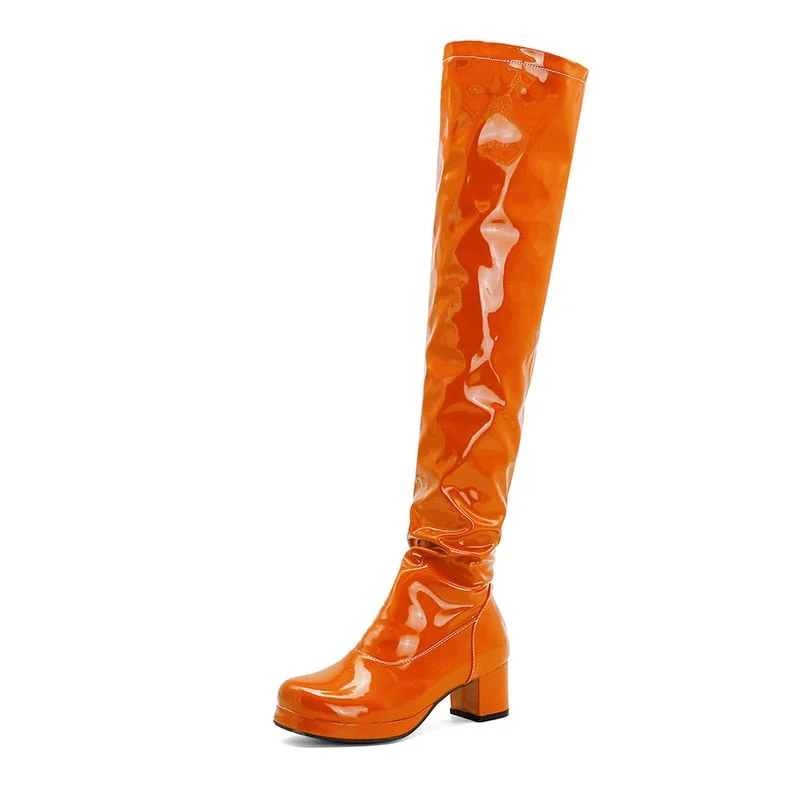 Gdgydh Patent Leather Waterproof Over The Knee Boots Women Candy Colors Green Yellow Fashion Style Long Boots With High Heels