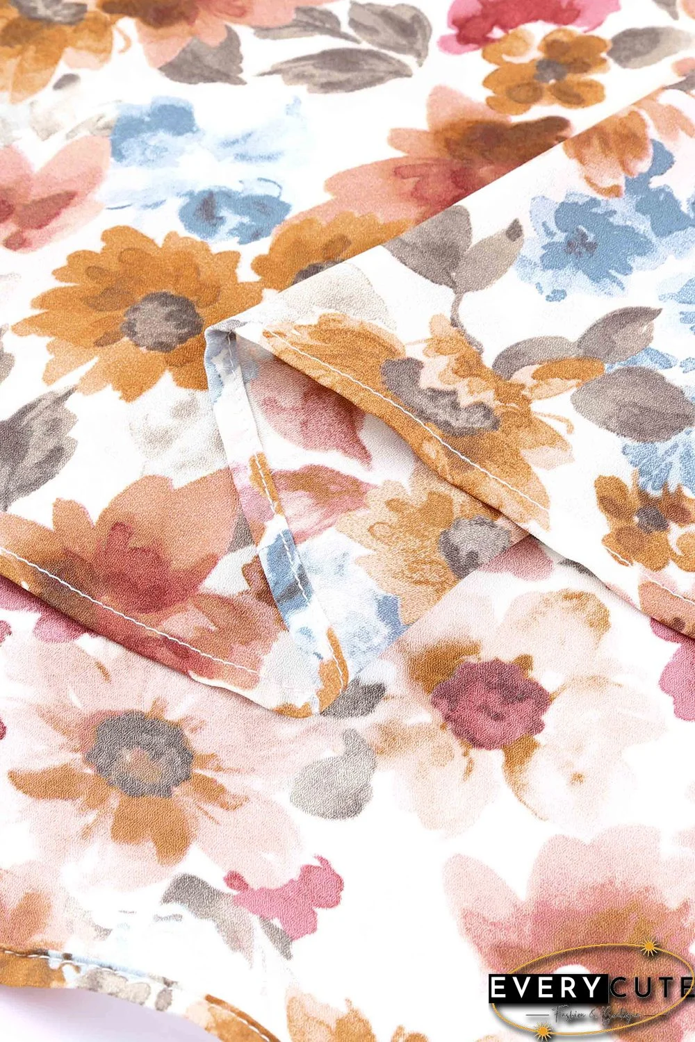 Orange Floral Print Flare Cuff Long Sleeve Blouse