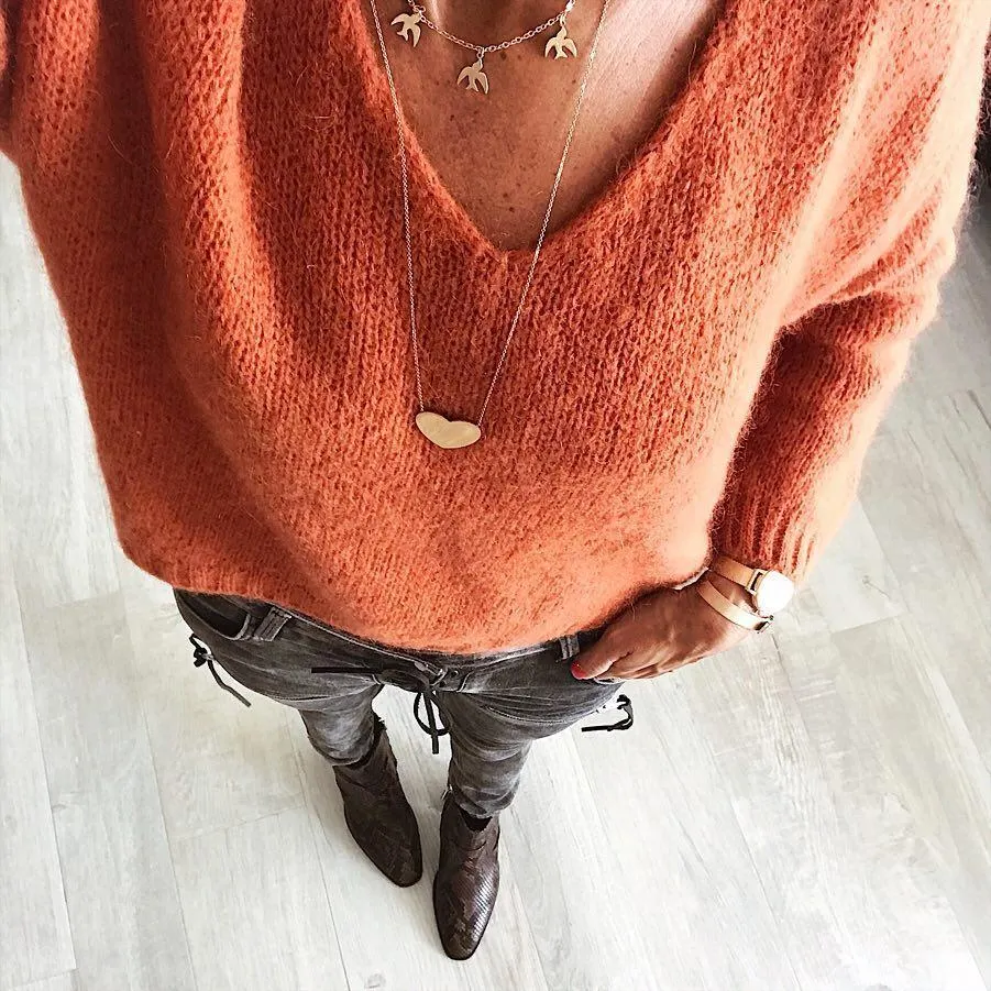 Woman Wool blend Casual V Neck Plain Sweater