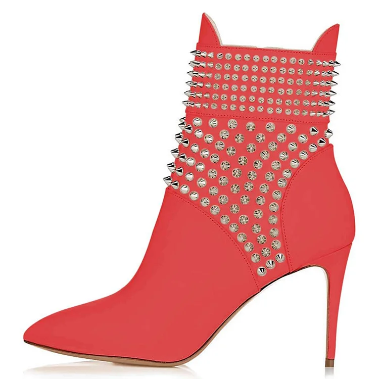 Red Studs Shoes Stiletto Heel Ankle Boots |FSJ Shoes