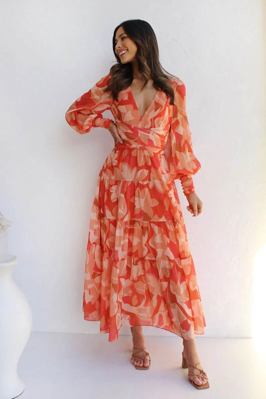 Spring and Summer Casual Solid Color Printing Long Sleeve High Waist V-neck Swing Dress Temperament Commuter Long Dress