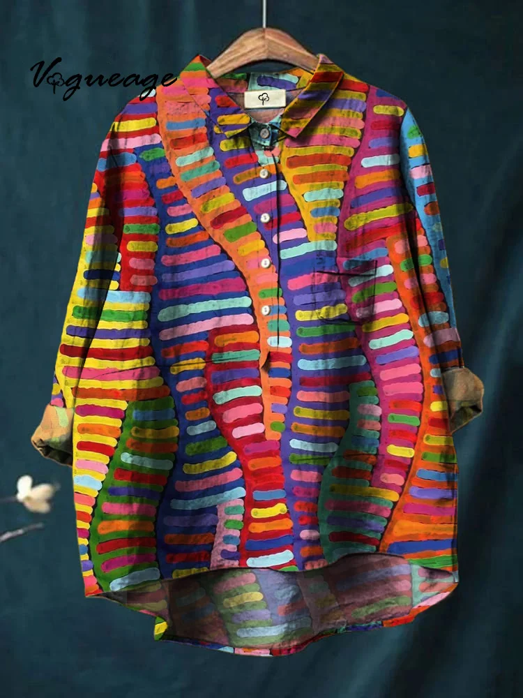 Color Horizontal Lines Printed Cotton And Linen Shirt