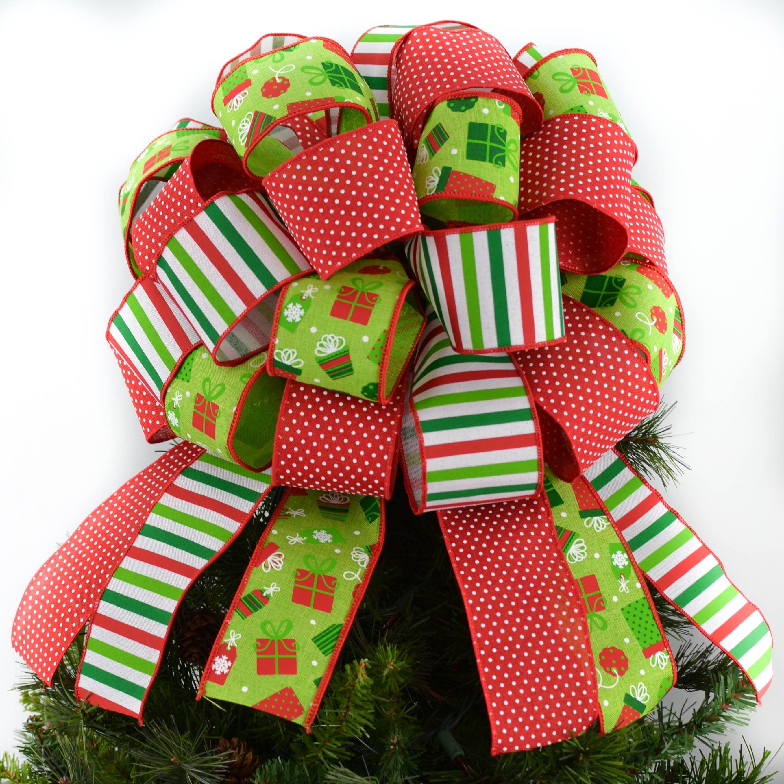 Red, Burlap, White and Lime Green Christmas Tree Topper Bow