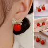 Boucles d'oreilles de no&euml;l en zircon brillant, n&oelig;ud boule rouge