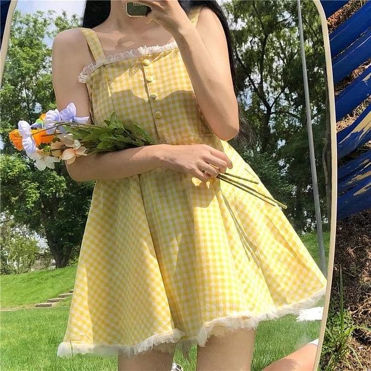 Cute Yellow Plaid Dolly Dress SP16033