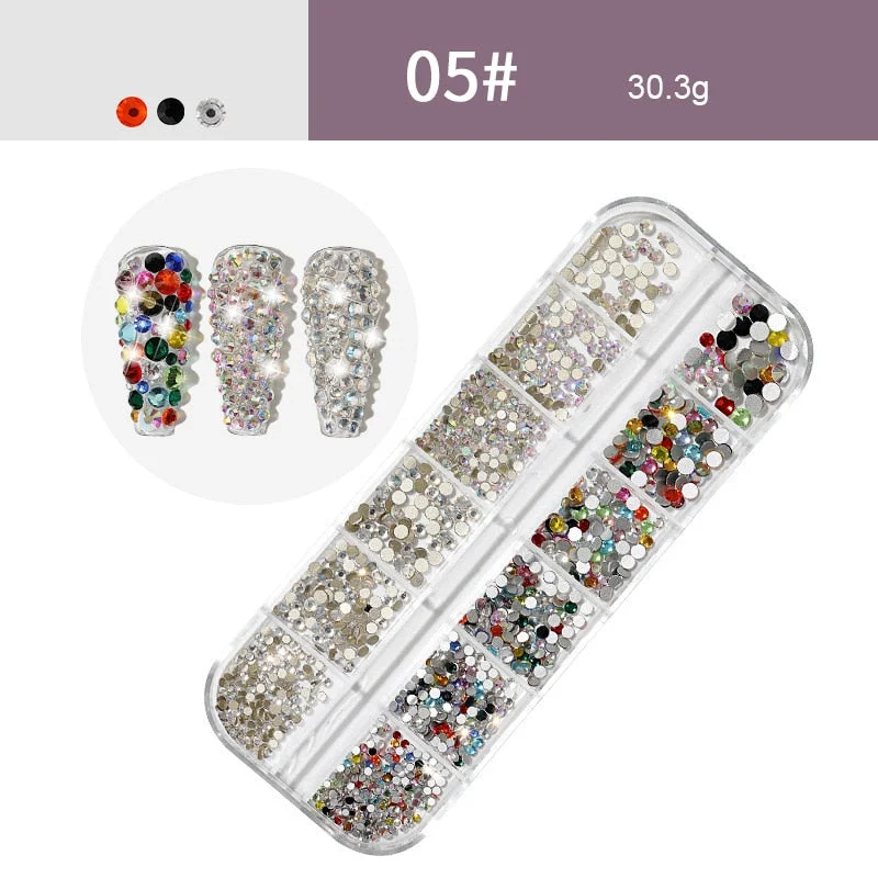 12 Grids/Box Nail Rhinestones 3D Nail Art Decoration Colorful Crystals 3D Nail Sequin Flat Back Stones-Nail Inspo