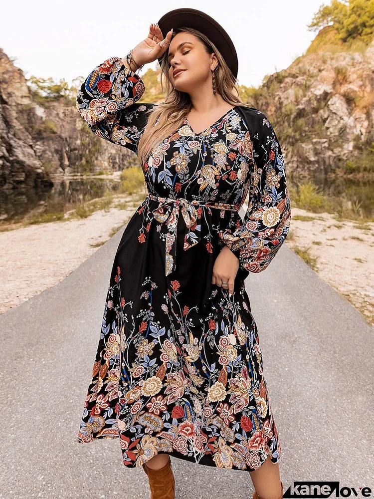 Plus Size V-Neck Long Sleeve Dress