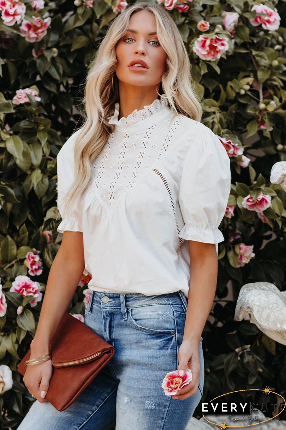 White Frilled High Neck Eyelet Pattern Puff Sleeve Top