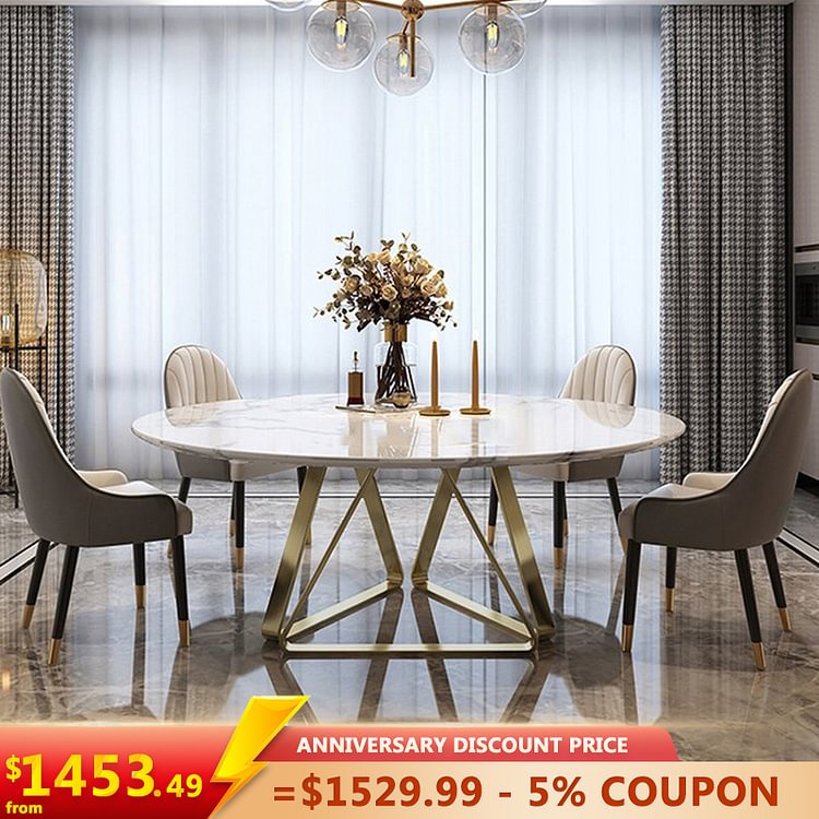 Homemys Modern Round Marble Dining Table with Silver Stainless Steel Base