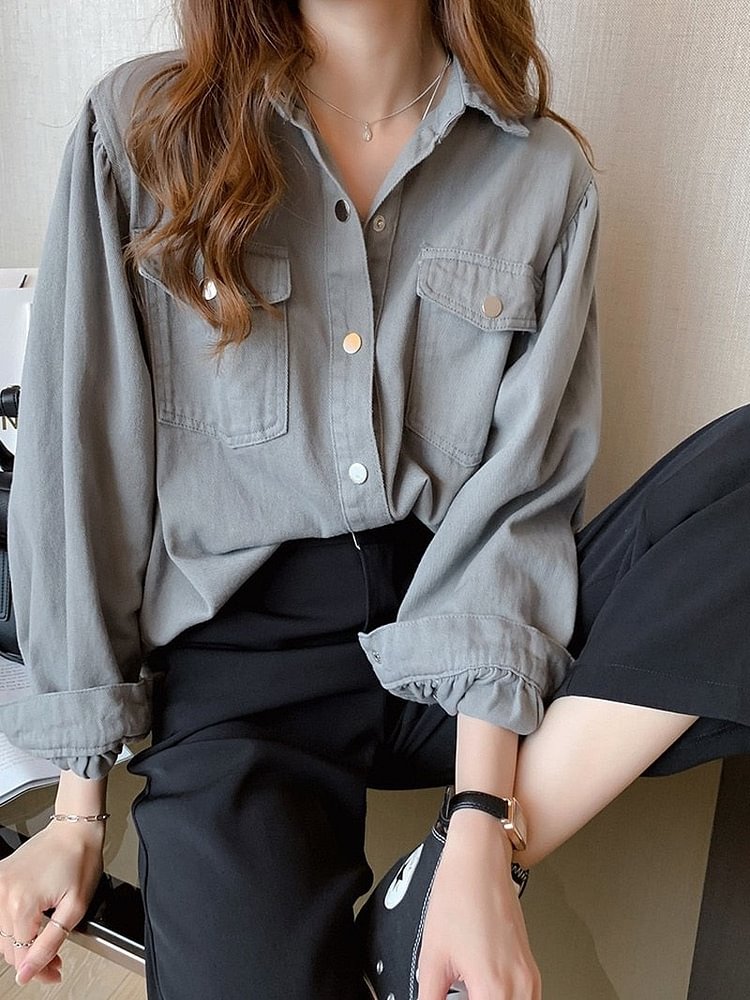 New Shirts Blouse Women Long Sleeve Casual Turn Down Collar Tops Double Pockets Autumn Loose Solid Blusa Plus Size 4XL - BlackFridayBuys