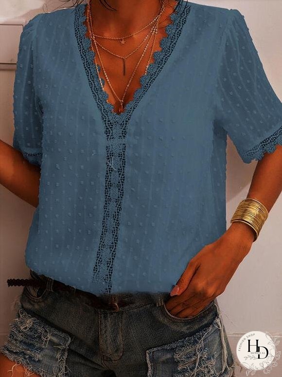 Deep V-neck Embroidered Lace Chiffon Blouse