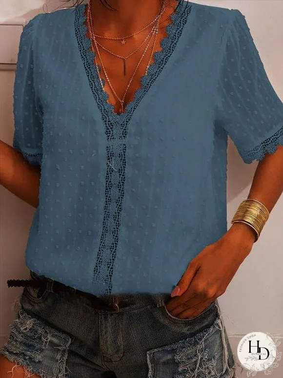 Deep V-neck Embroidered Lace Chiffon Blouse