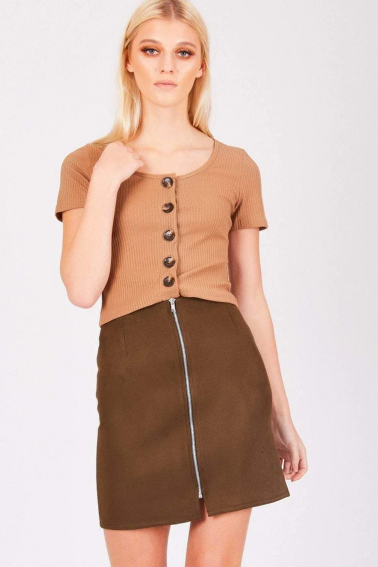 Khaki Suede Zip-Front Mini Skirt Katch Me