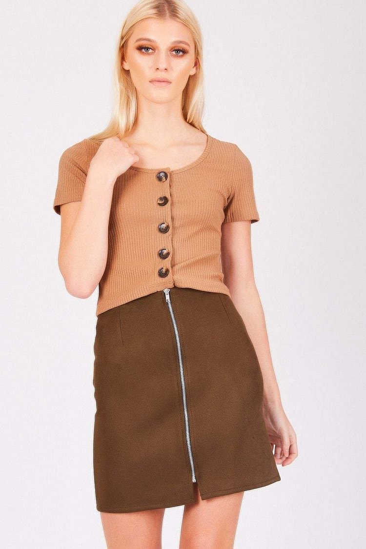 Khaki Suede Zip-Front Mini Skirt Katch Me