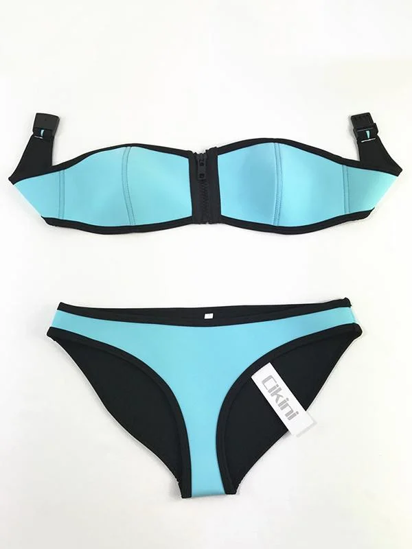 Solid Color Split-Joint Zippered Bandeau Split Bikini Swimsuit