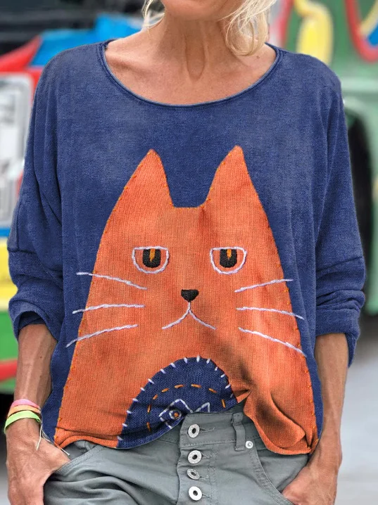 Women's Cute Cat Patchwork Art Long Sleeve T-shirt