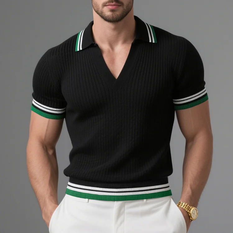 Okaywear Contrast Stripes Short Sleeve Ribbed Knit Shirt Okaywear