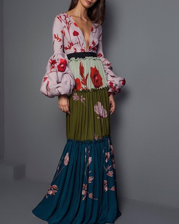 Woman Puff Sleeve Dress Floral Printed Ruffle Color Patchwork Pleated Maxi Dress