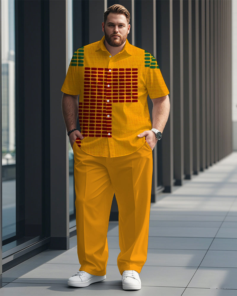 Men's Plus Size Casual Yellow Ethnic Geometric Print Short Sleeve Shirt Trousers Suit