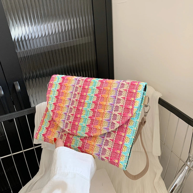 Women’s Medium Straw Stripe Vacation Beach Flip Cover Crossbody Bag
