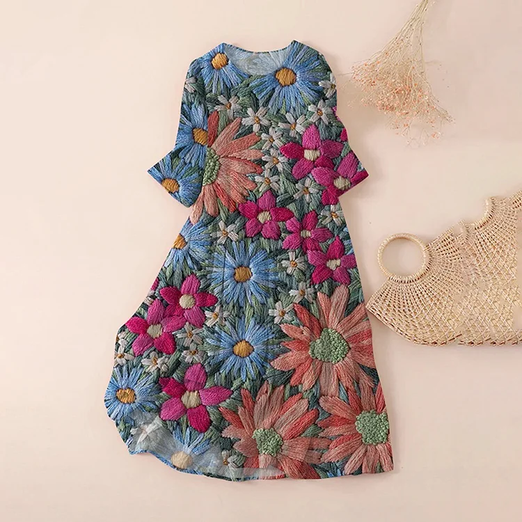VChics Vintage Floral Embroidered Print Maxi Dress