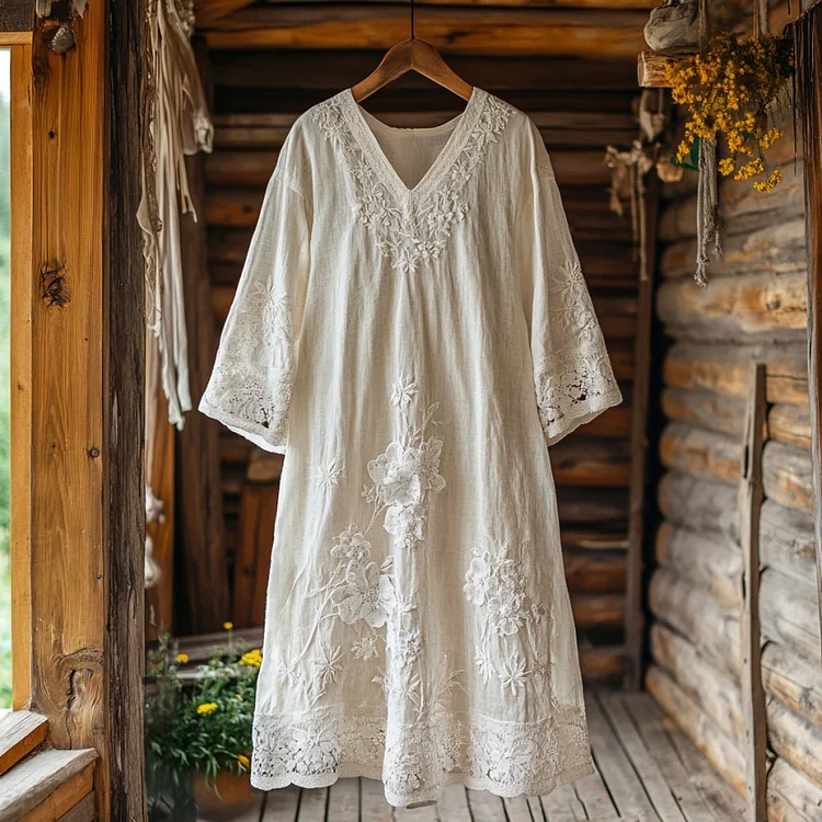 VChics Retro Floral Embroidery Lace Art Linen Blend Maxi Dress