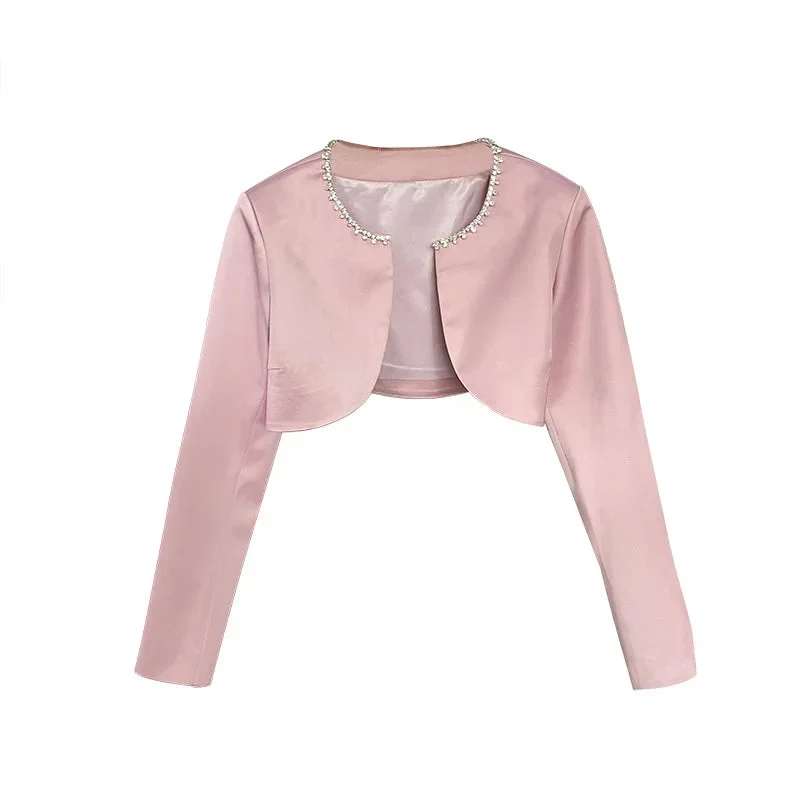Toloer Pink Satin Diamanté Cami Straight Mini Dress And Crop Coat-Outfit Ideas
