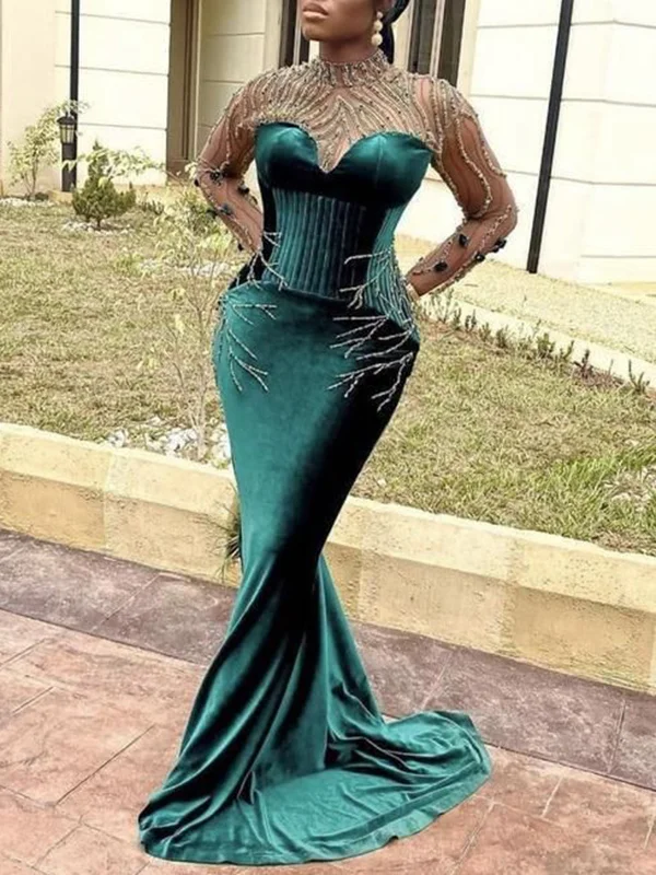 Stand Collar See-Through Emerald Green Wrap Evening Maxi Dress