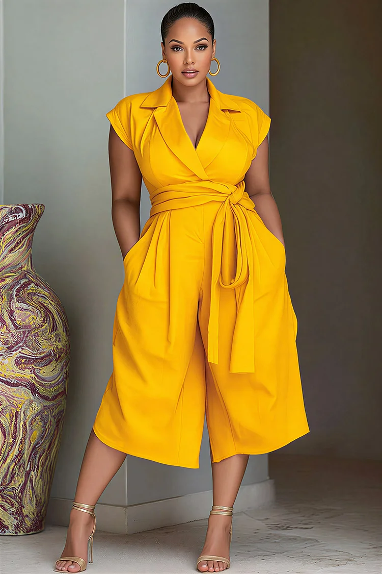 Xpluswear Design Plus Size Business Casual Yellow Turndown Collar Short Sleeve Pocket Wide Leg Jumpsuits [Pre-Order] 2024 - Xpluswear