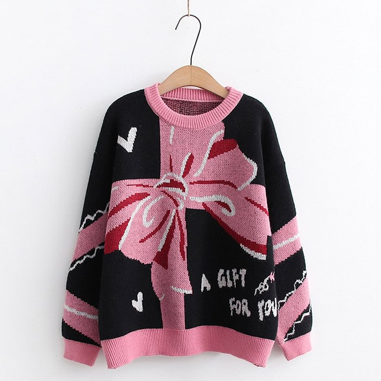 Bow Knot Print Round Collar Knitted Sweater - Modakawa modakawa