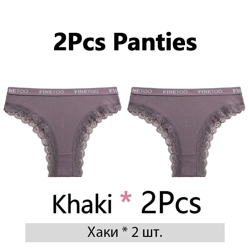 FINETOO 2Pcs/Set Cotton Panties for Women Sexy Ladies Lace G-string Solid Color Thongs Girls Plus Size M-2XL Underwear Lingerie
