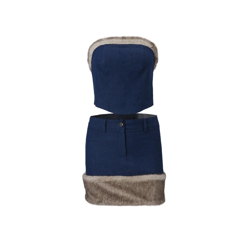 Uveng Uveng Winter New Fashion Sexy Hot Girl Retro Fur Denim Strapless Top Wrapped Buttock Skirt Suit Girl