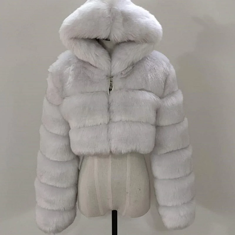 Faux Fur Coats Winter Warm Cropped Fluffy Jacket Coat Parkas Women Oversize Outerwear Ladies Female Soft with Hooded Coats