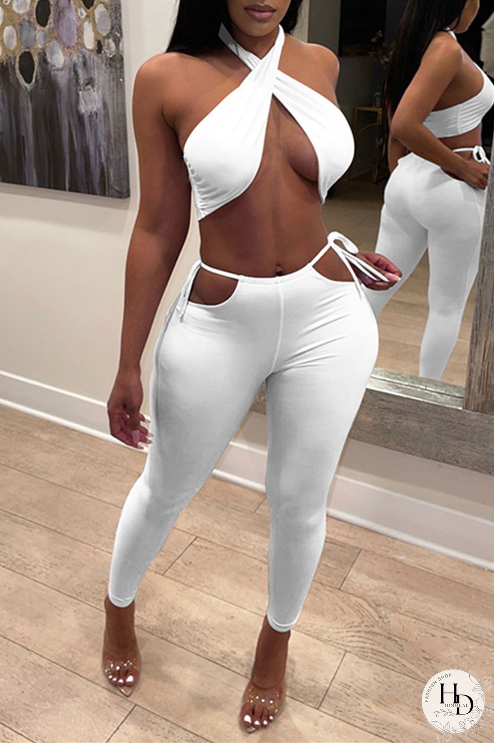 White Fashion Sexy Solid Backless Halter Sleeveless Two Pieces