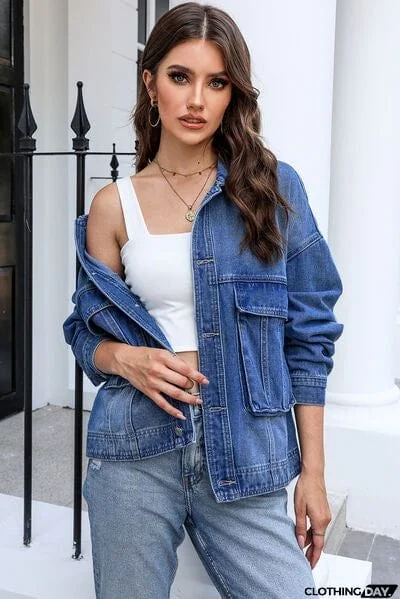 Button Up Dropped Shoulder Denim Jacket with Pockets