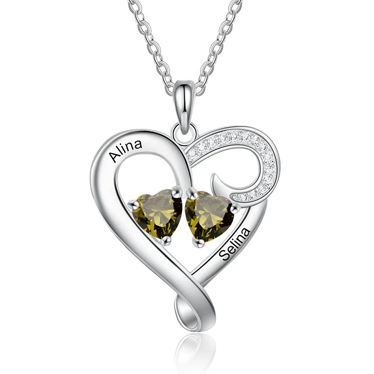 Personalized Heart Necklace Custom 2 Names 2 Birthstones August Birthday Gifts for Her