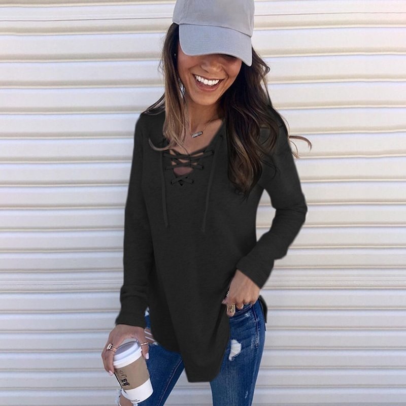 Solid Color And V-neck Bandage Loose Top Pullover
