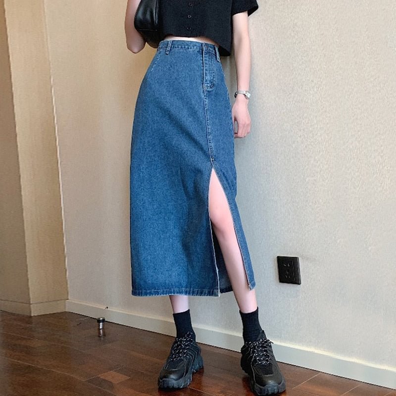 FTLZZ 2021 Summer Women Irregular Cowboy Skirt Spring Solid Color Casual High Waist A-line Skirt Simplicity Slim Split Hem Skirt