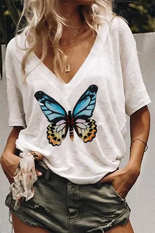 V-neck Short-sleeved Butterfly Print Casual T-shirt
