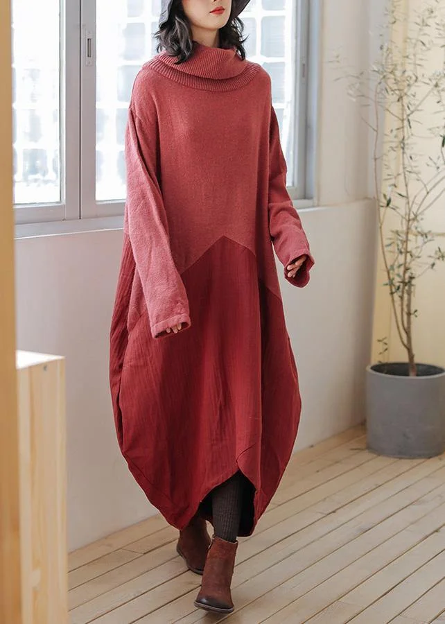 Women high neck asymmetric Sweater outfits Street Style red Fuzzy sweater dress
