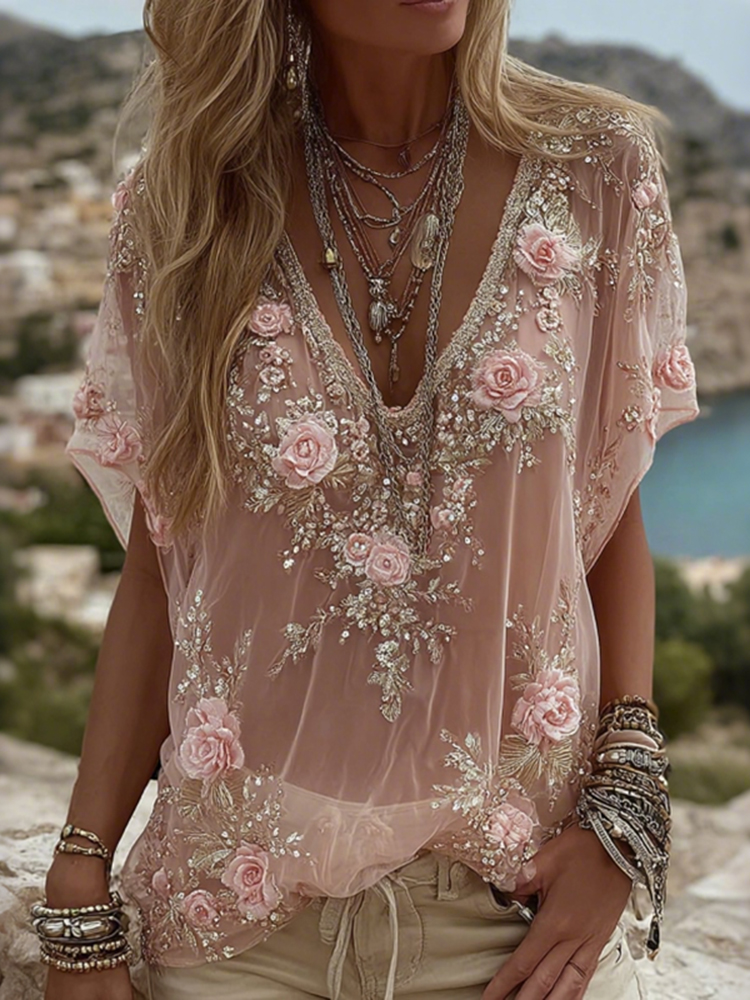 Women's Vintage Pink Floral Embroidered V-neck T-shirt Women's Vintage Pink Floral Embroidered V-neck T-shirt - Image 1