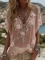 Women's Vintage Pink Floral Embroidered V-neck T-shirt